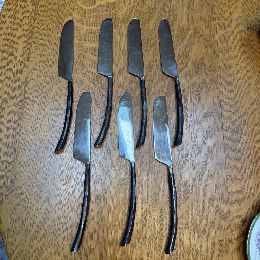 Set Of 7 World Market TWIG 9.75" Butter Knives Rustic Flatware Oxidized Handle